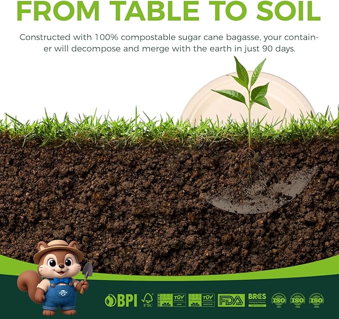 100% Compostable Plates - 125-Count Heavy Duty, Biodegradable Bagasse Plates - Eco Friendly and Sustainable (Natural, 10 inch)
