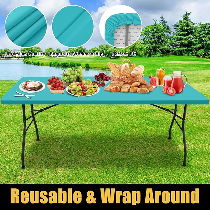 Smiry Rectangle Picnic Table Cloth, Waterproof Elastic Fitted Tablecloths for 6 Foot Tables, Washable Polyester Table Cover for Camping, Indoor and Outdoor (Turquoise, 30"x72")