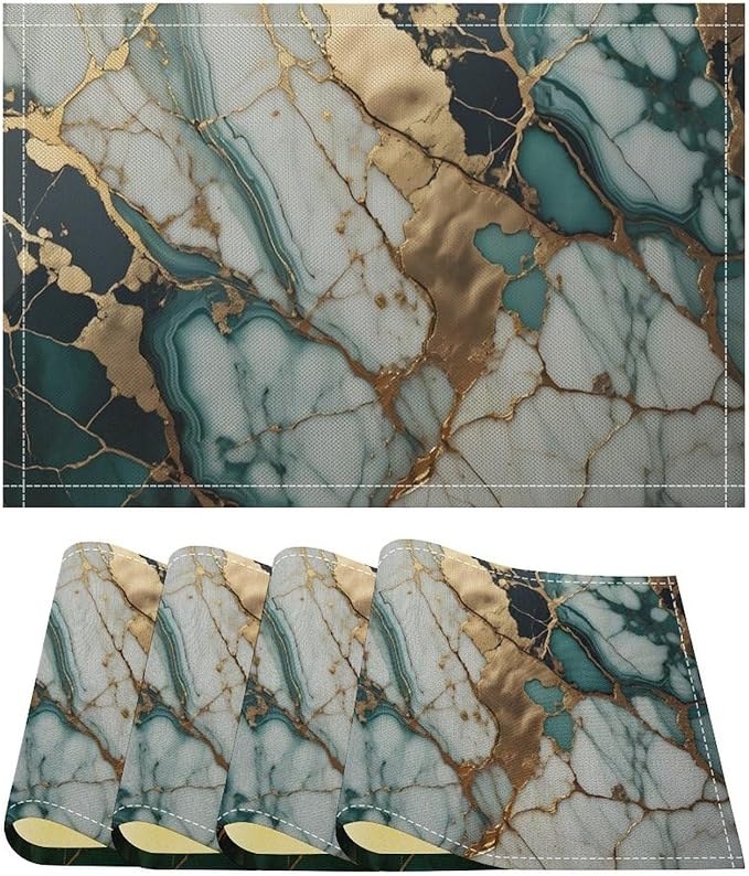 Marble Linen Placemats Set of 4, Modern Abstract Foil Texture White Green Gold Marble 12x17 Inch Washable Table Mats Non Slip Placemats for Wedding Party Kitchen Banquets Dining Decoration