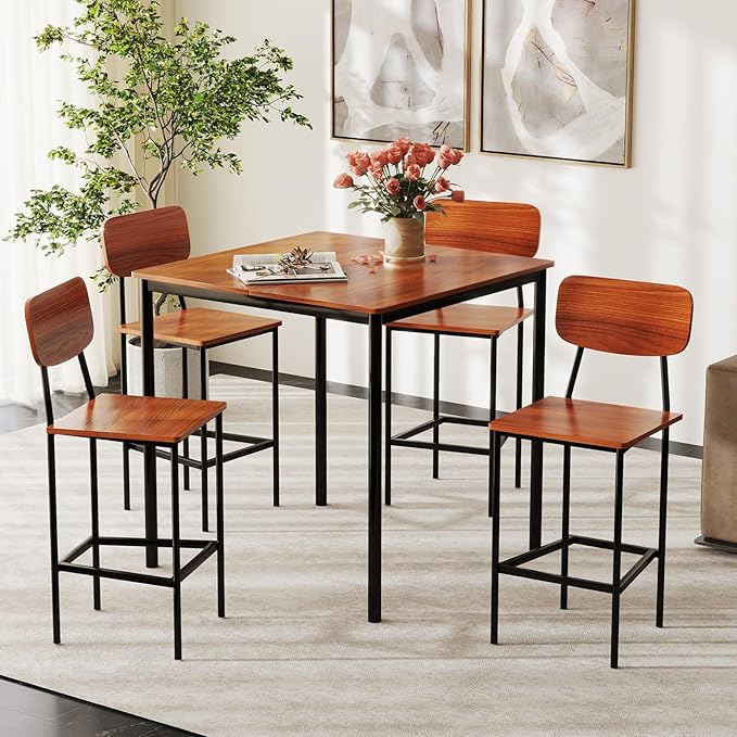 COSTWAY Dining Table Set for 4, 5-Piece Square Kitchen Nook Dinette Set with 4 Bar Stools with Footrest, Backrest, Space-Saving Design, Industrial Kitchen Table and Chairs for Apartment, Walnut