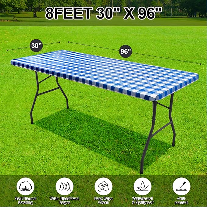 Smiry Rectangle Picnic Table Cloth, Elastic Waterproof Fitted Vinyl Tablecloths, Flannel Backed Buffalo Plaid Table Covers for Dining, Camping, Outdoor (White and Blue, 30" x 96")