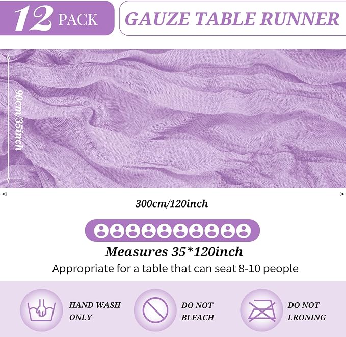 YMHPRIDE 12 Pack Cheesecloth Table Runner 35x120in Lavender Table Runner | Boho - Image 2