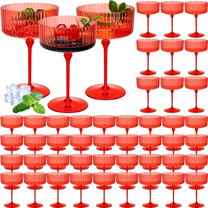 48 Pcs Ribbed Martini Glasses 10 oz Disposable Plastic Vintage Ribbed Coupe Glasses Unbreakable Dessert Parfait Glassware for Wedding Birthday Party Supplies (Red)