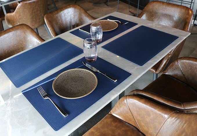 Jovono Set of 8 Faux Leather Placemats, PU Table Mats, Waterproof, Stain Resistant, Heat Resistant, Non-Slip Easy to Clean for Kitchen Dining Table,Conference Table C Blue Rectangle