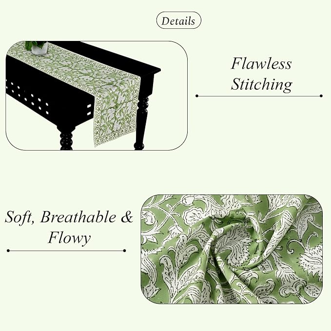 Sage Green Hand Block Print 100% Cotton Table Runner 16x90 Inch | Perfect - Image 2