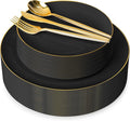 I00000 150Pcs Black Plastic Plates, Black Disposable Plates, Heavy Duty black plates for 30 Guests,Plastic Dinnerware Set Include 30 Dinner Plate,30 Dessert Plate,90 Gold Cutlery Set for Party