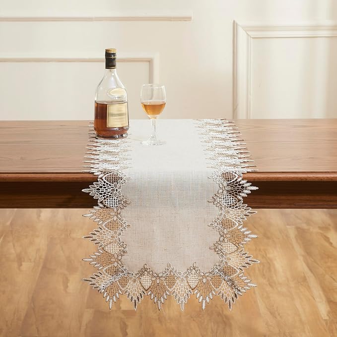 Natural Linen Table Runner 54 inches Beige Lace Coffee Table Runners | French - Image 2