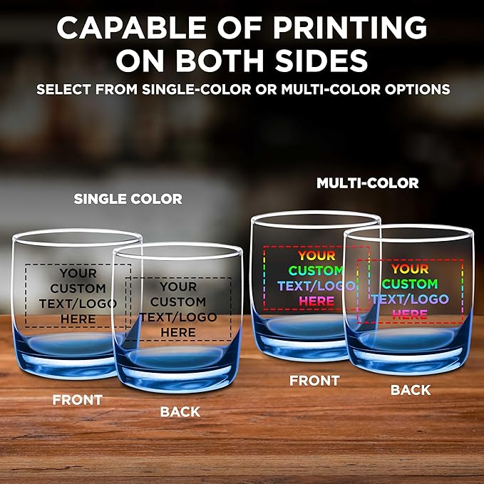 DISCOUNT PROMOS Custom Whiskey Glasses 10 oz Set of 10/50/100, Personalized Bulk Pack - Heavy Base Old Fashioned Glass, Perfect for Scotch, Bourbon, Whiskey, Cocktail - Blue Bottom Color