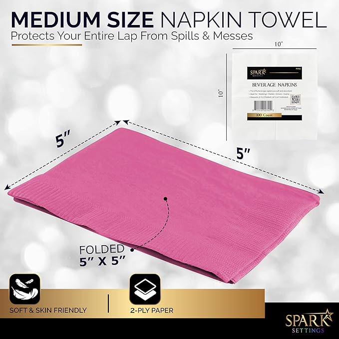 100 Pack Bright Pink Beverage Napkins, Big Party Pack, 2 Ply, Ideal for Wedding, Party, Birthday, Dinner, Lunch, Cocktails. (5” x 5”) by Amcrate