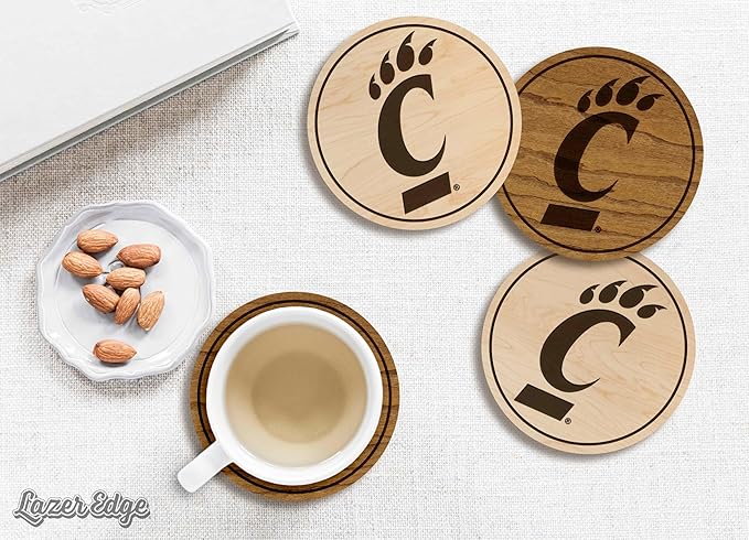 LazerEdge Cincinnati Bearcats Wooden Coaster Set - Cherry Wood - Officially Licensed Product - 4-Pack