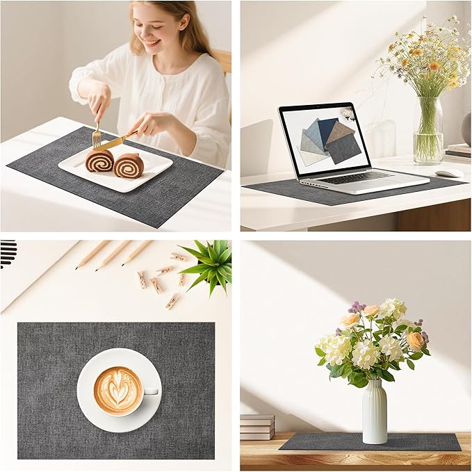 DOLOPL Placemats Set of 8, Reversible Wipeable & Heat Resistant Place Mats, Modern Faux Leather Table Mats for Kitchen, Neutral Waterproof Tablemats for Dining Table Decor, Wedding, Party(Charcoal)