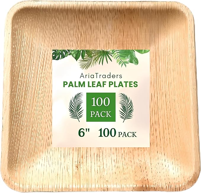 Palm Leaf Plates 6 Inch (100 Pack), Square Bamboo Plates Disposable, Eco-Friendly, Biodegradable & Compostable Bamboo Appetizer Plates, Perfect Dinnerware for Desserts, Snacks, Parties & Events