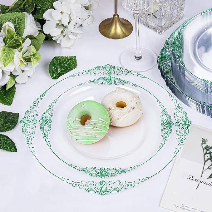 Hioasis 175pcs Clear and Green Plates - Green Party Plates for 25 Guest, Include 50 Heavy-duty Plates(20% Thicker Than Standard), 25 Pre Rolled Gold Plastic Silverware Set, 25 Cups for St. Patrick's D