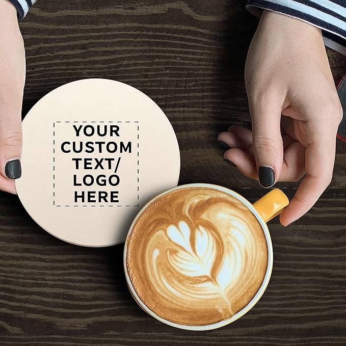 DISCOUNT PROMOS Custom Ceramic Coasters Set of 100, Personalized Bulk Pack - 4 Inches with Cork Bottom Pad, Perfect for Hotel, Bar, Restaurant - Natural