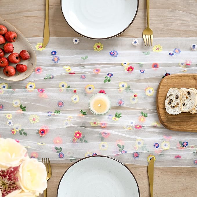 Artoid Mode Embroidery Daisy Spring Gauze Table Runner 59x120 Inch 10FT | - Image 2