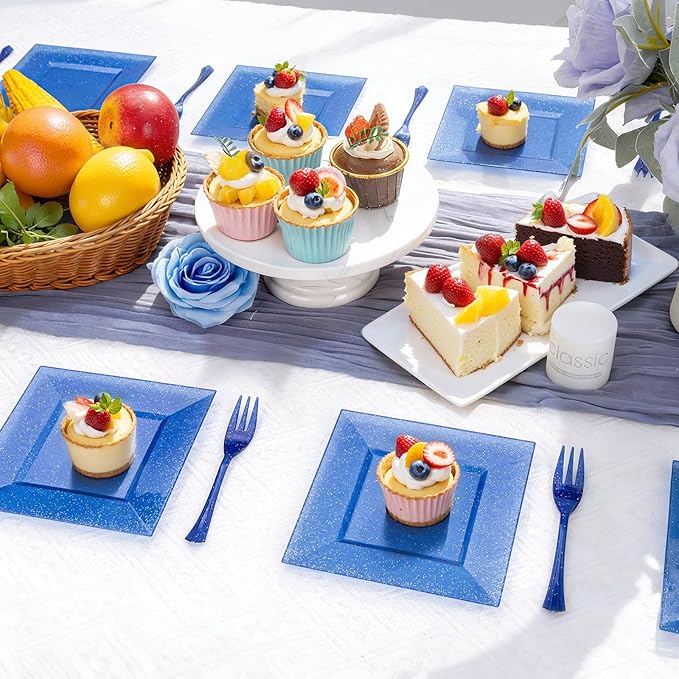 DaYammi 200Pcs Blue Dessert Plates with Forks- Small Disposable Dessert Plates- Serve 100 Guests include 100 Cake plates 6",100 Plastic Forks 5.7" for Party,Disposable Appetizer plates for Wedding