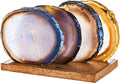 Luxury Lane Set of 4 Large Natural Brazilian Agate Slice Geode Rock Stone Drink Coasters with Wood Holder 4.3-4.7 inch Centerpiece Table Decoration, Ash Gray