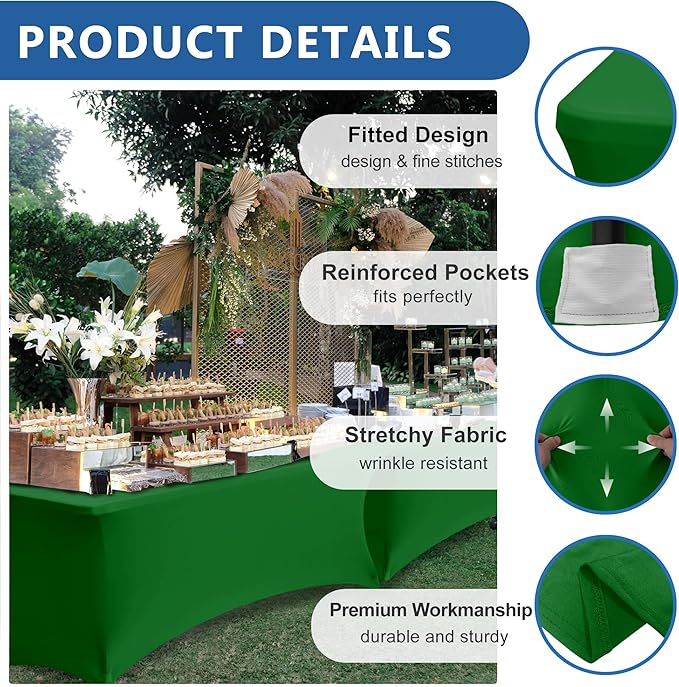 Spandex Table Cloths for 8 Foot Rectangle Tables-6 Pack Fitted Stretch Green Table Covers-Elastic Christmas Tablecloth for Party, Vendor Booth Display, Banquet Buffet Event, Craft Trade Show