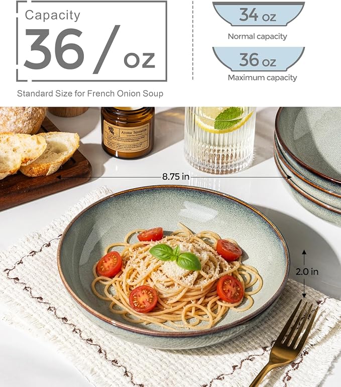 GBhome 8.5'' Ceramic Pasta Bowls, 36oz Stoneware Salad Bowls Set of 4 | - Image 2