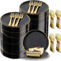 Festiva 400Pcs Black Gold Dessert Plates 6.3" with Forks 5"- 200PCS Small Disposable Dessert/Cake/Appetizer Plates and 200PCS Forks - Serve 200 Guests for Birthday Party& Wedding