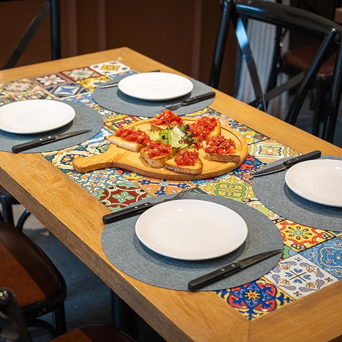 Round Wipeable Placemats Set of 4 – Faux Leather Round Table Mats, Waterproof & Washable Vinyl Placemats, Circle Design for Dining Table Decor– Charcoal Blue
