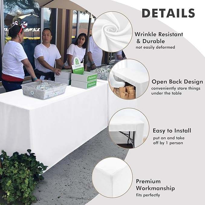 Nasitos 2 Pack White Fitted Table Covers for 8 Foot Tables-Open Back Tableclothes Washable and Wrinkle Resistant for Christmas, Parties, Wedding, Banquet, Jewelry Shows, Craft Fair, Trade Show