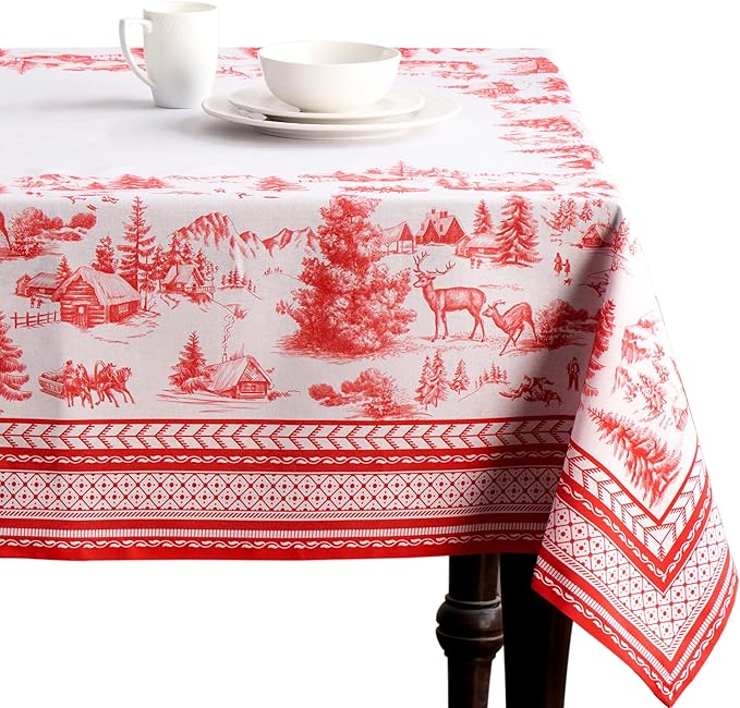 Maison d' Hermine Table Cloth Rectangle Table 100% Cotton 70 x 140 Inches Fall Tablecloth Reusable Everyday Use for Thanksgiving Christmas Decorations Dining Farmhouse Party (Winter Jouy)