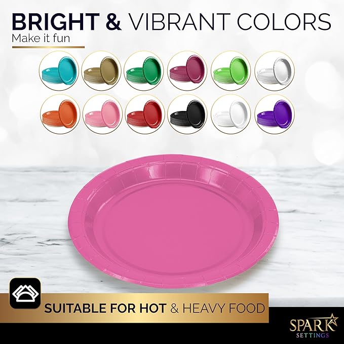 Disposable Paper Plates Bright Pink, 7 Inch Paper Dessert Plates, Strong and Sturdy Disposable Plate for Party, Dinner, Holiday, Picnic, or Travel Party Plate, Pack of 50
