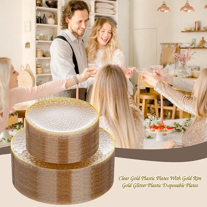 Rubtlamp 100Pcs Clear Gold Plastic Plates, Hammered Plastic Plates Included 50 - Image 6
