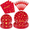 96 Pieces Valentine’s Day Love Tableware Set – Red and Gold Heart Disposable by GistomeHome
