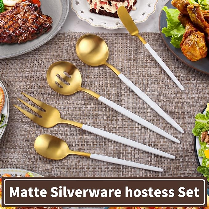 VANVRO Matte White Gold Serving Silverware Set, 5-Piece Round Shared Utensils - Image 5