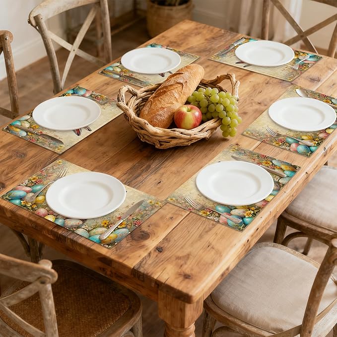 Table Placemats Set of 6, Waterproof Linen Fabric, Non-Slip Backing & Easy Clean, Elegant Dining Table Protectors for Family and Guests(Easter Bunny Spring)