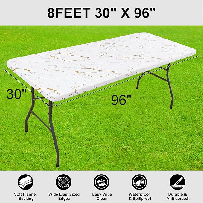 Smiry Rectangle Table Cloth Cover, Waterproof Elastic Fitted Picnic Tablecloth for 8 Foot Tables, Wipeable Flannel Backed Vinyl Tablecloths for Camping, Dining, Outdoor (White, 30" x 96")