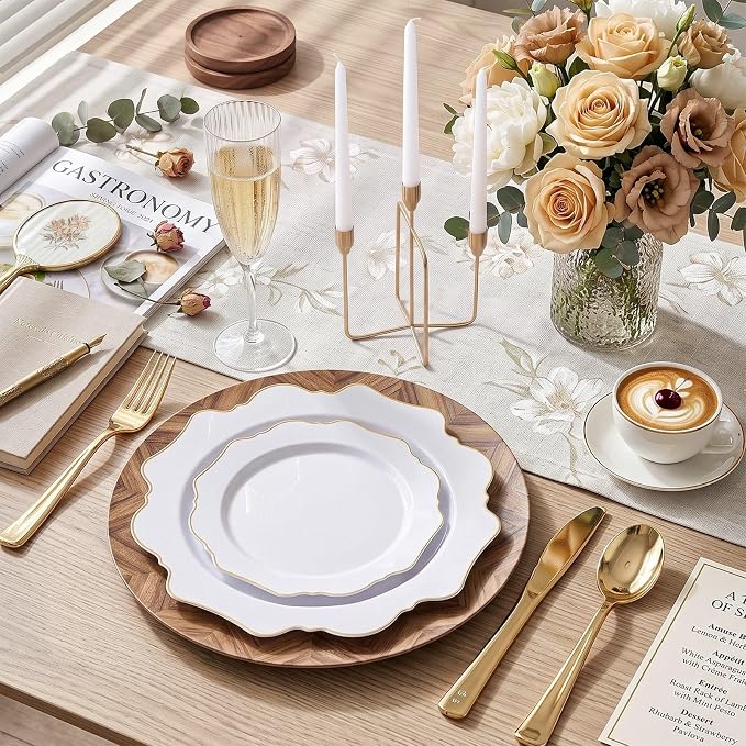 50PCS White and Gold Plastic Plates - Image 2