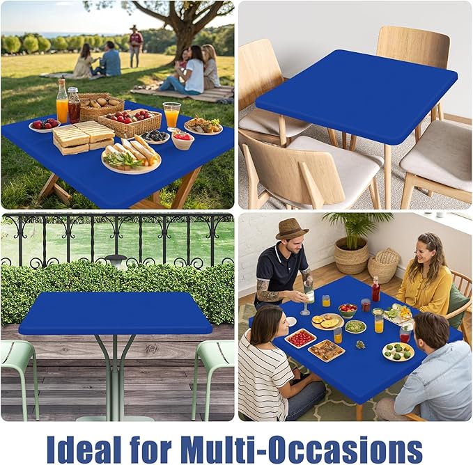 Spandex Picnic Table Cloth 2 Pack, Elastic Fitted Tablecloths for Square Tables, Stretch Washable Patio Table Cover for Outdoor, Camping, Banquet and Parties (Blue, 34"x34")