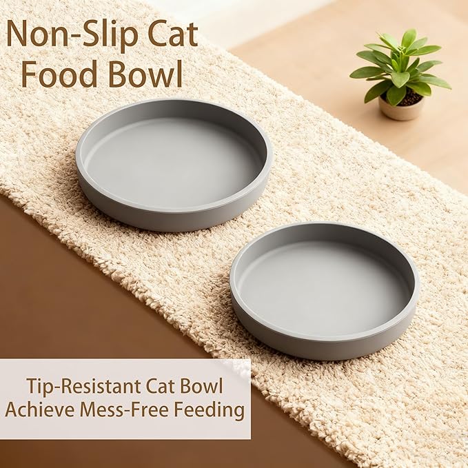 Silicone Cat Bowl Shallow Non-Slip Cat Dishes Set of 2 Relief Whisker Fatigue Small Pet Dog Bowls for Dry & Wet Food (Round Grey)