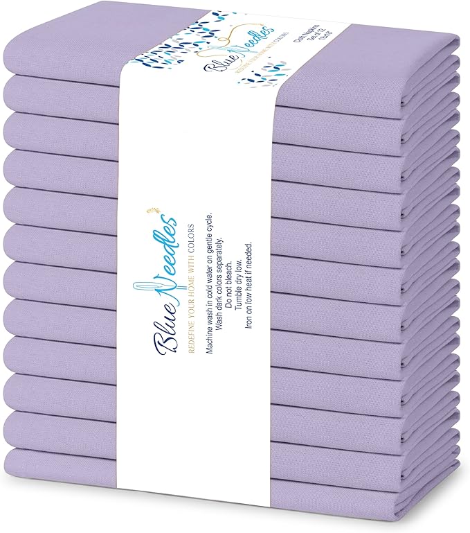 Blue Needles Solid Cloth Napkins Set of 12 Lavender 100% Cotton Dinner Napkins 18x18 inches - Soft, Reusable, Absorbent & Washable Linen, Ideal for Wedding Events, Parties & Everyday Use