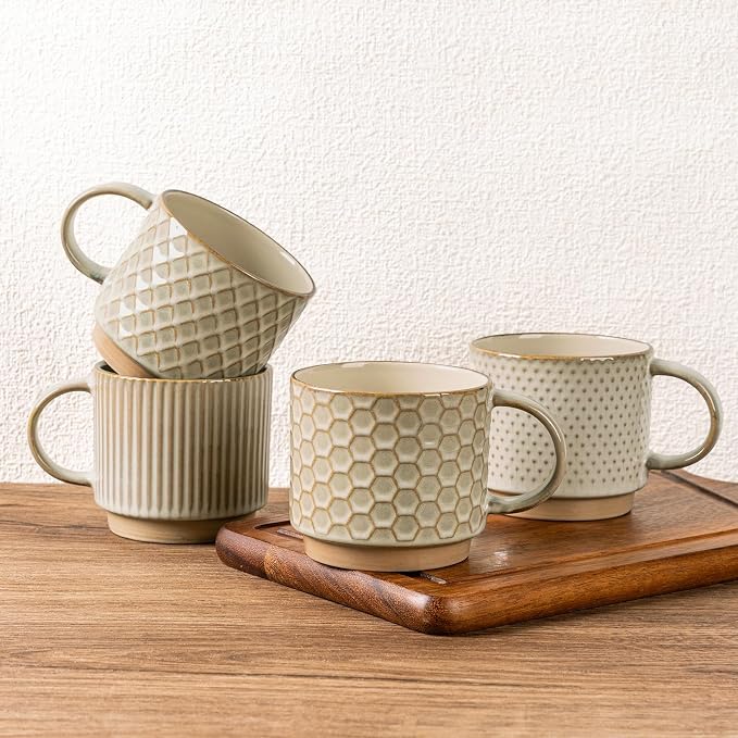 GBhome 12 OZ Stackable Coffee Mugs Set of 4, Ceramic Coffee Cups Set | 4 by GBhome