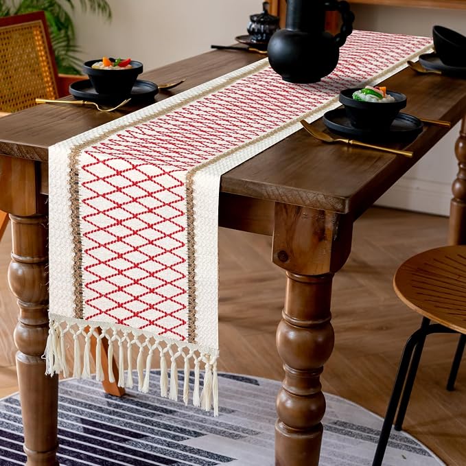 EMMTEEY Macrame Table Runner Boho Style 94 Inches Long, Hexagonal Red | Handmade - Image 6