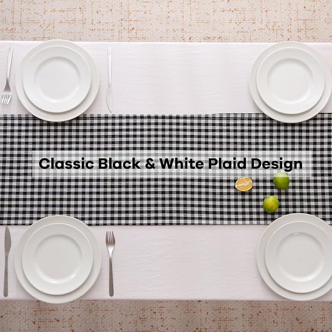 Black White Plaid Gingham Ruffle Table Runner 120 inches Long 100% Washed - Image 4