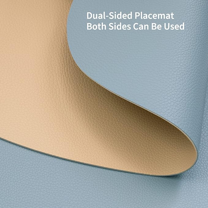 Myir JUN Round Placemats Set of 6 Faux Leather Place Mats and Coasters 15 inch Round Table Mats Dual Sided Non-Slip Stain Resistant Placemats (Camel Yellow & Blue, Set of 6)