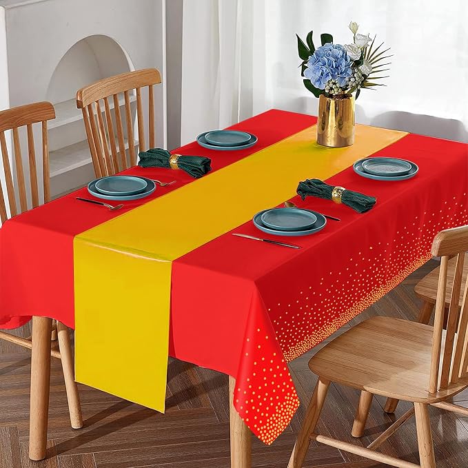 8Pack Disposable Plastic Party Tablecloths and Satin Table Runner Set Red and - Image 4