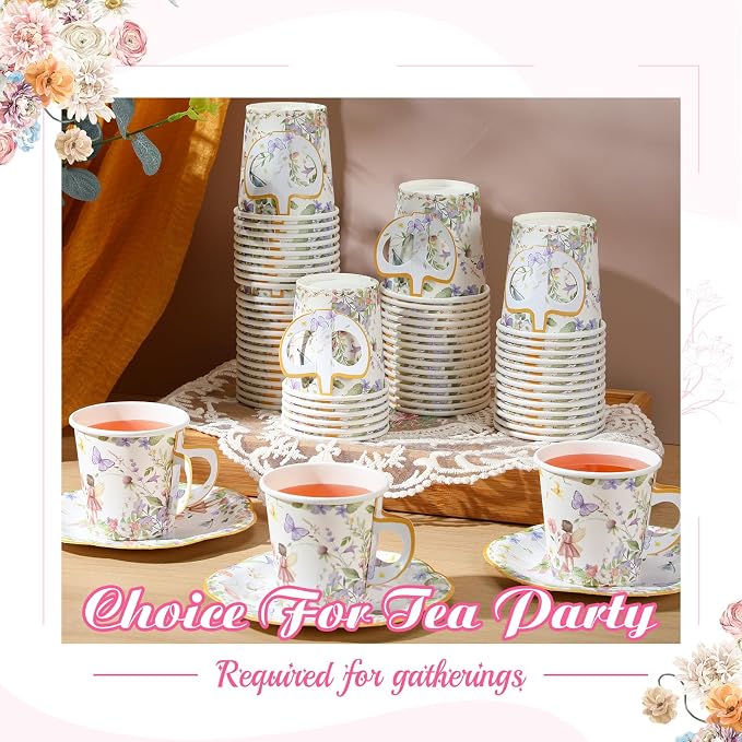 Umigy 60 Sets Tea Party Decorations 6.5 oz Fairy Floral Paper Tea Cups - Image 4