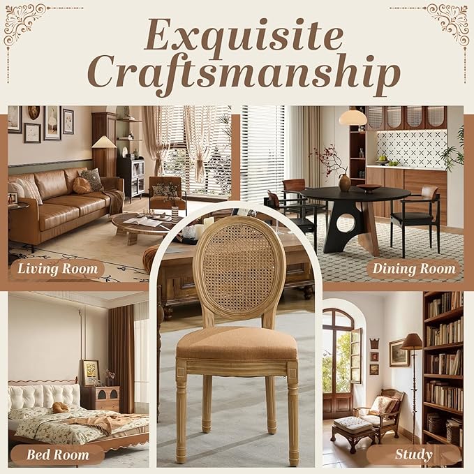 SoarFlash French Dining Chairs Set of 6, Vantage Dining Chair with Round Back, Wood Leg Farmhouse Country Rattan Dining Chair for Kitchen,Bedroom,Brown