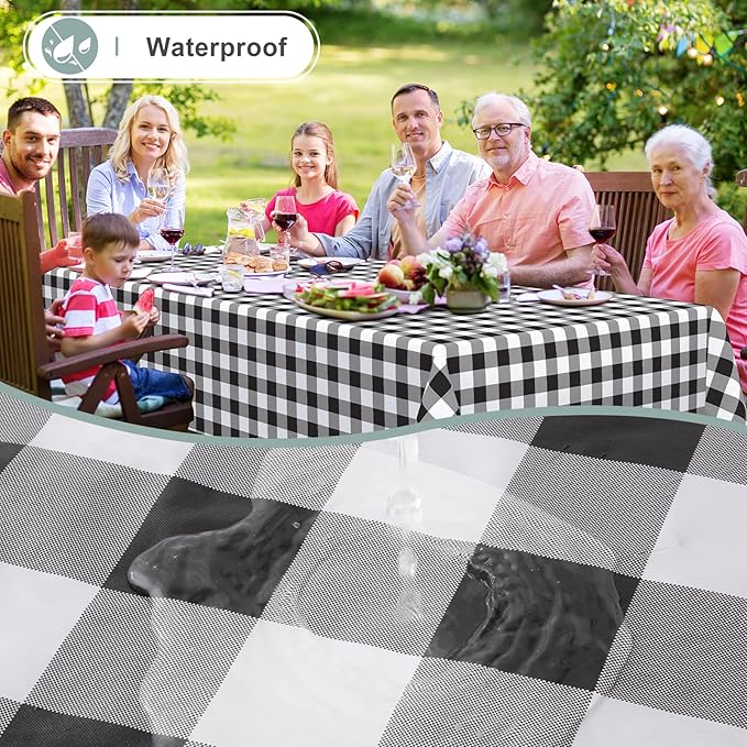 misaya Rectangle Waterproof Vinyl Table Cloth, Buffalo Flannel Backed Tablecloth, Wipeable Plastic Table Cover for Christmas (70" x 120", Black and White)