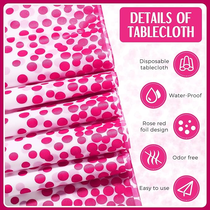Breling 8 Pack White and Hot Pink Disposable Plastic Tablecloths and Satin Table Runner Set, 54 x 108 Inch Tablecloth, 12 x 108 Inch Table Runners for Birthday Baby Shower Wedding Graduation
