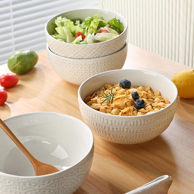 24 OZ Large Soup Bowls Set of 4, Farmhouse Embossment Ceramic Cereal Bowls for Salad, Serving, Fruit, Snack, Noodle, Ramen, Pho, Microwave & Dishwasher Safe, 6 Inch White