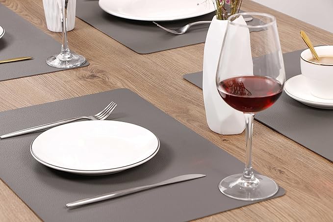Wipeable Placemats Leather Table Mats Waterproof Heat-Resistant Easy to Clean for Dining Table Set Kitchen Table (6, Grey)