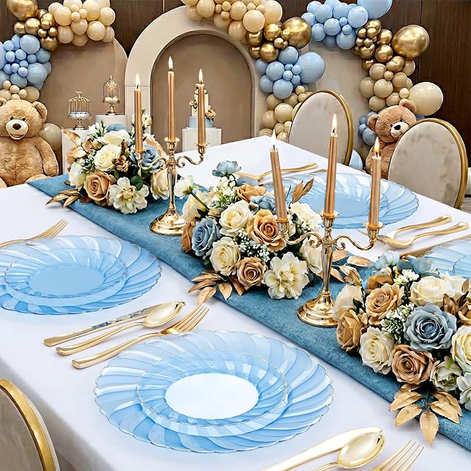 YOUBET 125PCS Clear Blue Gold Plastic Plates - Image 8