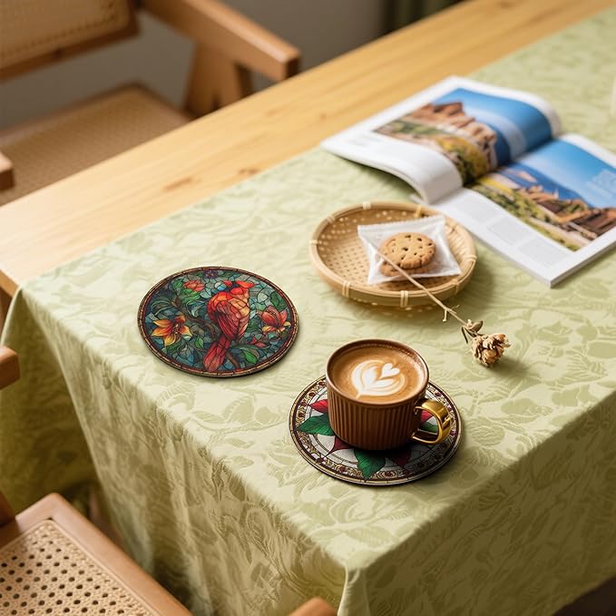 Christmas Bird Coasters Leather Round Drink Coasters 6 Pcs Set with Holderor for Cup Drink Coffee Table Bar Home Decor